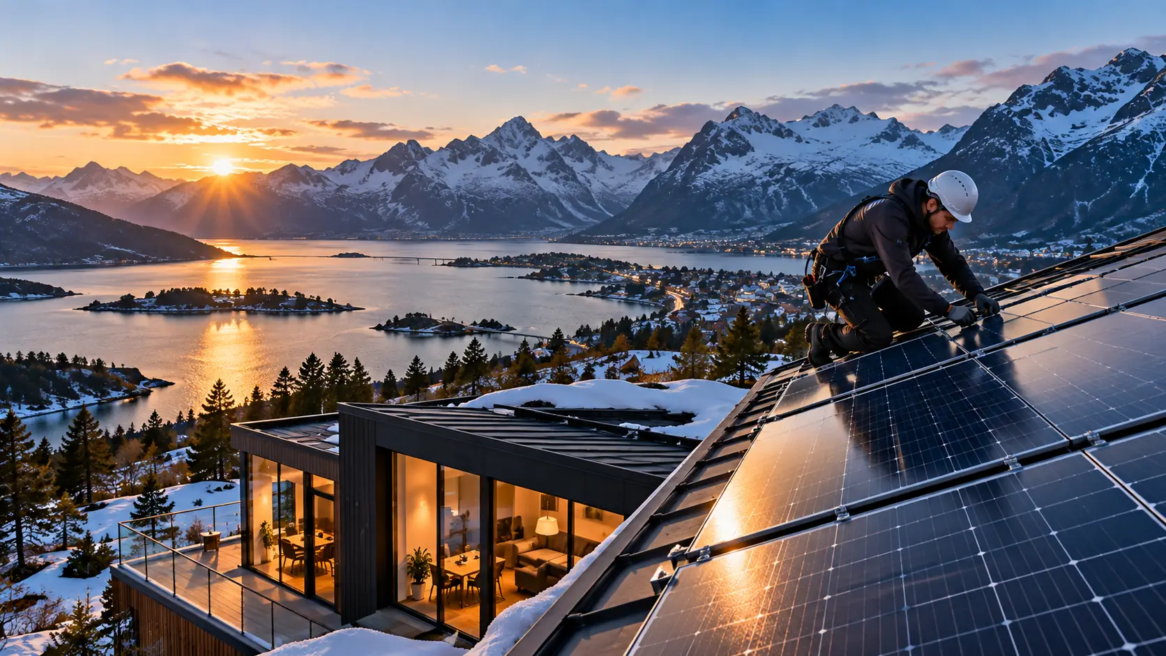 Montør monterer solcellepaneler på taket av et moderne hus, med utsikt over fjord og snødekte fjell i solnedgang
