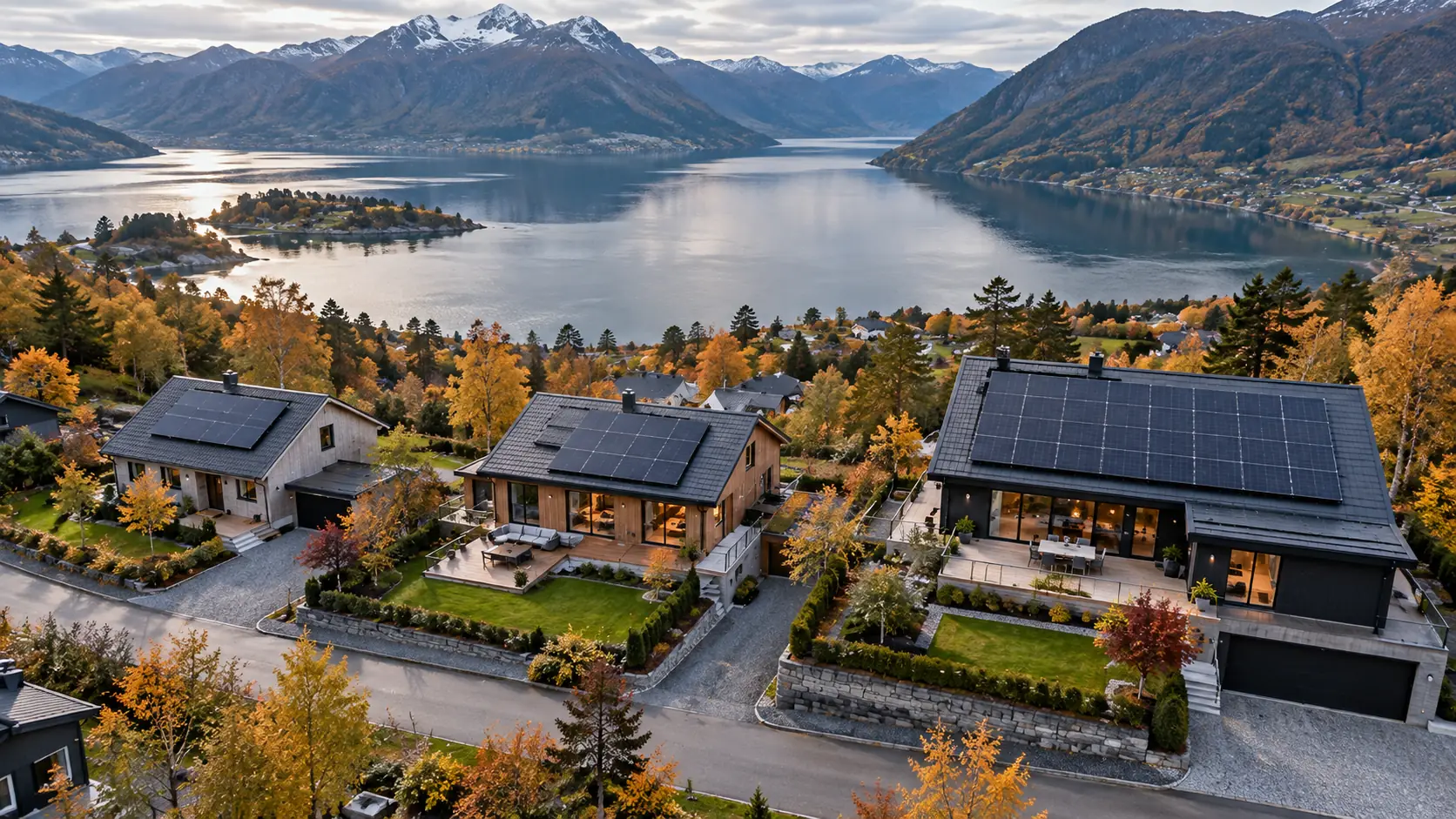 Luftfoto av boliger ved fjorden med solcelleanlegg i ulike størrelser på takene, omgitt av høstfarger