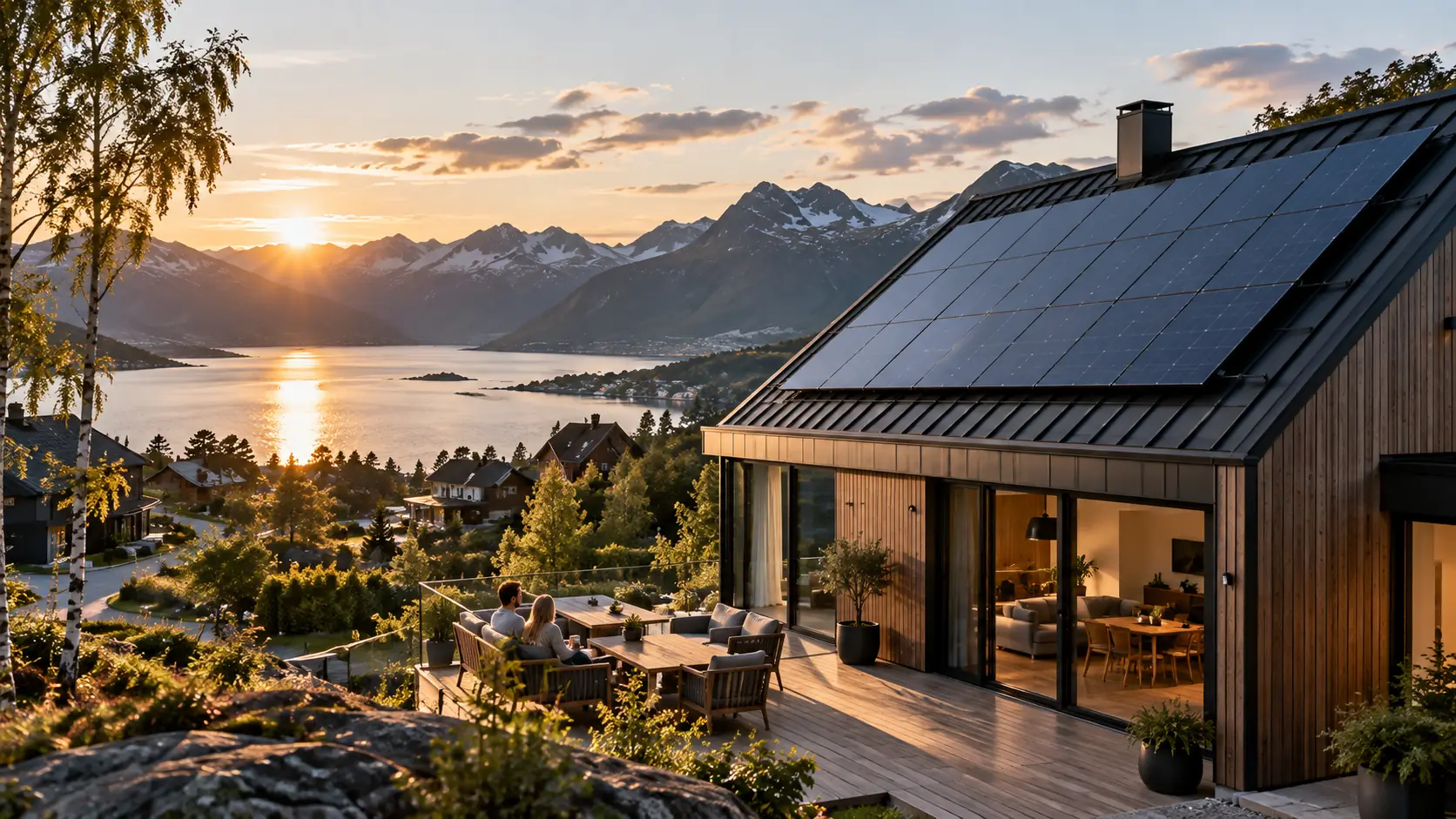 Moderne hus med svarte solcellepaneler på taket og et par på terrassen, med utsikt over fjord og fjell i kveldssol